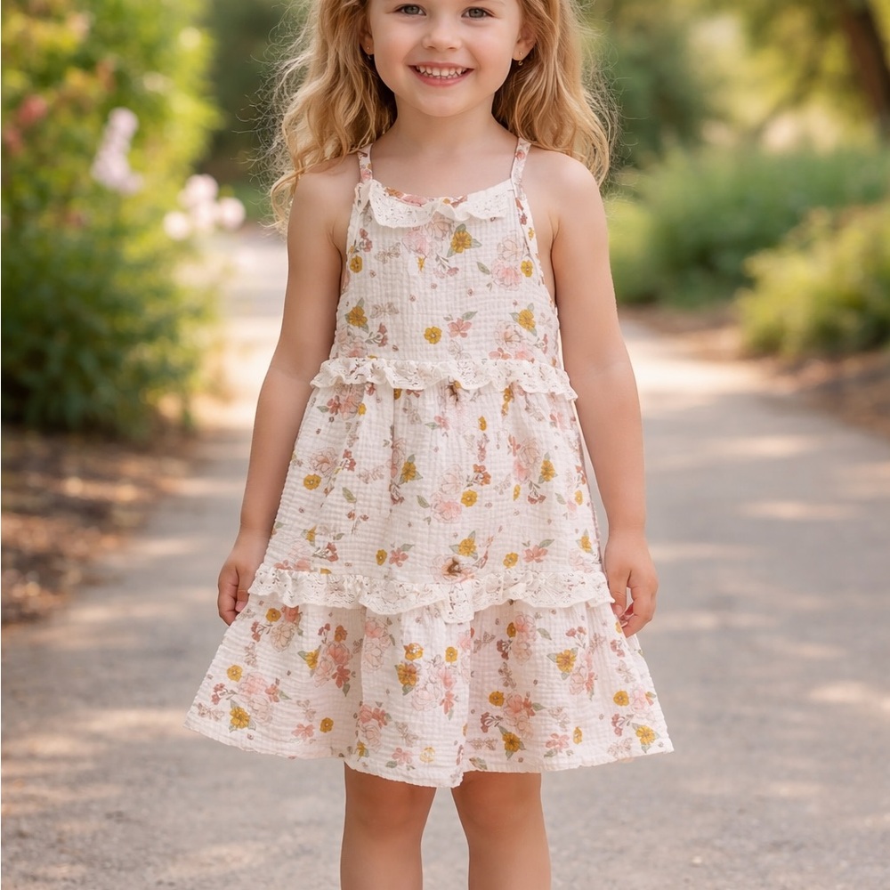 Rachel Zoe White Floral Gauze Dress with Yellow Bloom Accents